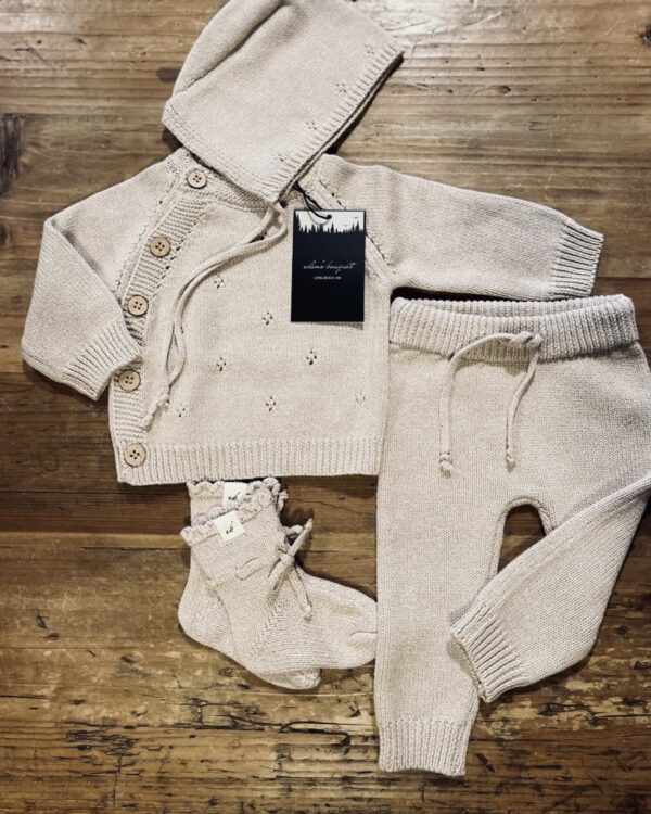 Frances Knit Set cotton knit cardigan, bonnet, pants and booties
