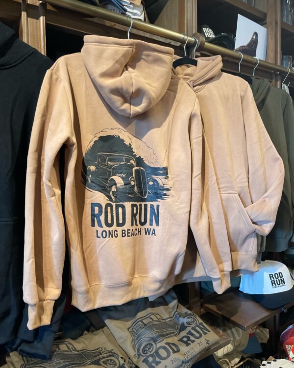Tan Rod Run Long Beach WA hoodie with hot rod graphic