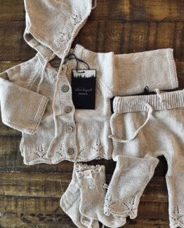 Millie Heirloom Set cotton knit cardigan, bonnet, pants and booties