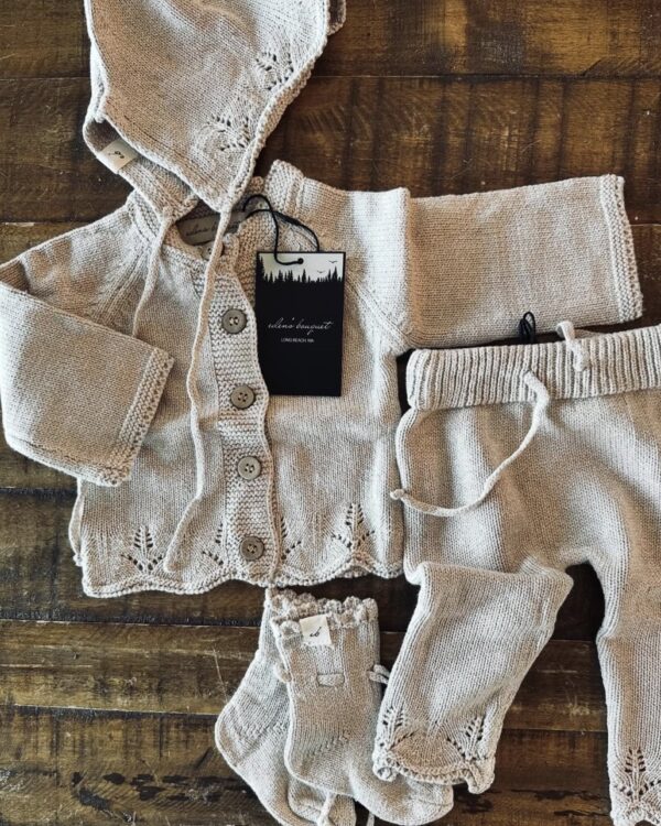 Millie Heirloom Set cotton knit cardigan, bonnet, pants and booties