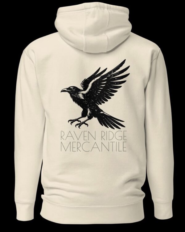 Cream Raven Ridge Mercantile raven hoodie, back view